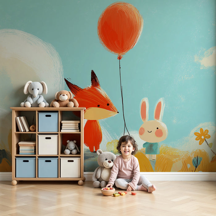 Kinderkamer behang | Kleurrijk avontuur met een vos en een konijn