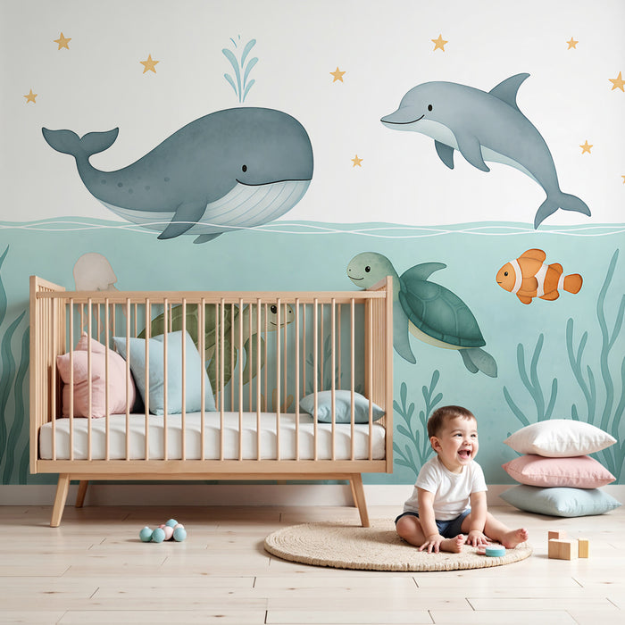 Papel pintado infantil | Aventura en el océano con ballenas y tortugas