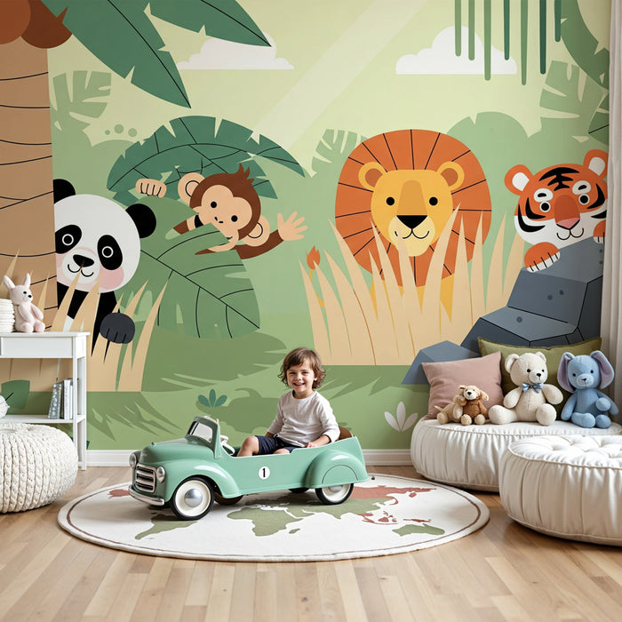 Papier peint chambre enfant | Aventure dans la jungle avec des animaux colorés