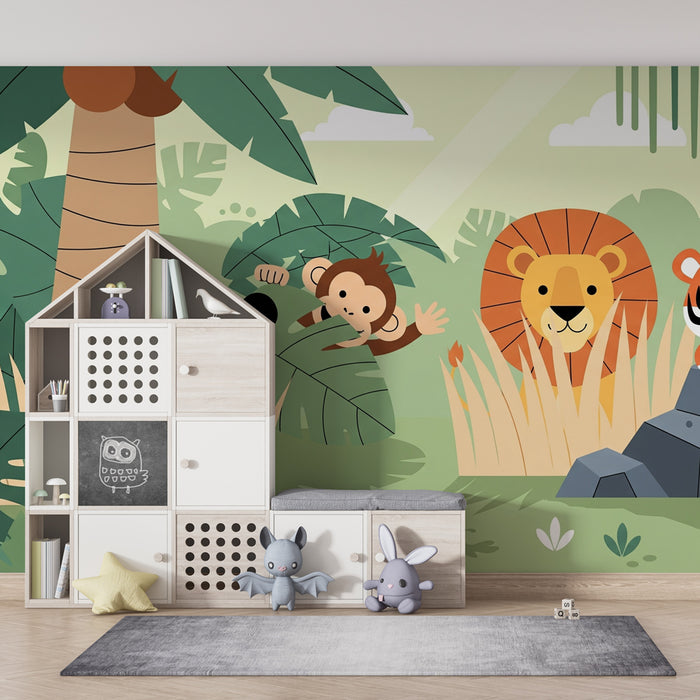 Papier peint chambre enfant | Aventure dans la jungle avec des animaux colorés