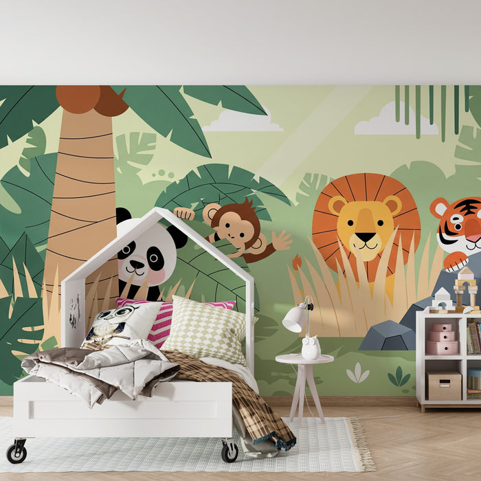Papier peint chambre enfant | Aventure dans la jungle avec des animaux colorés
