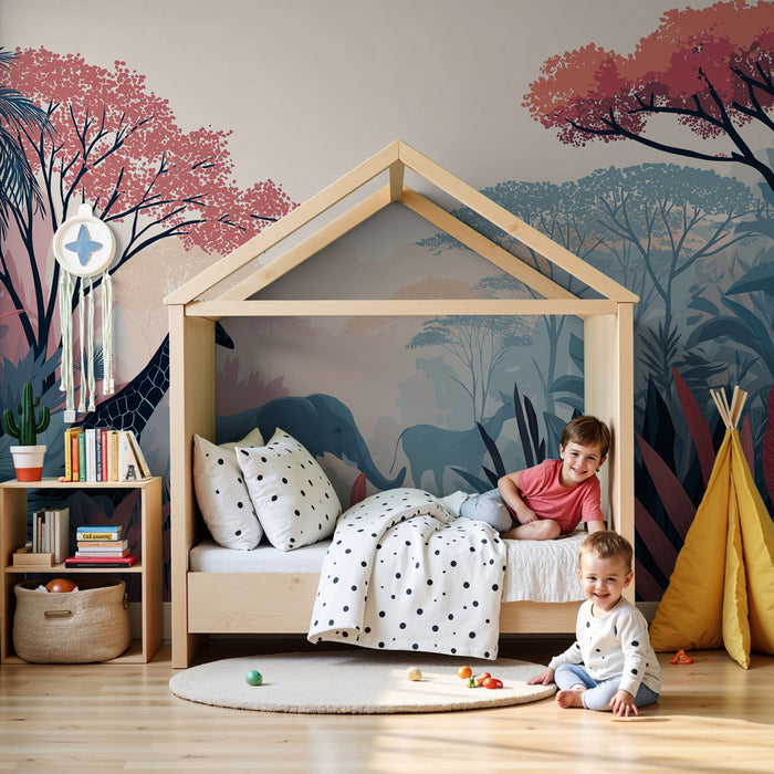 Papier peint chambre enfant | Aventure dans la jungle avec éléphants et girafes