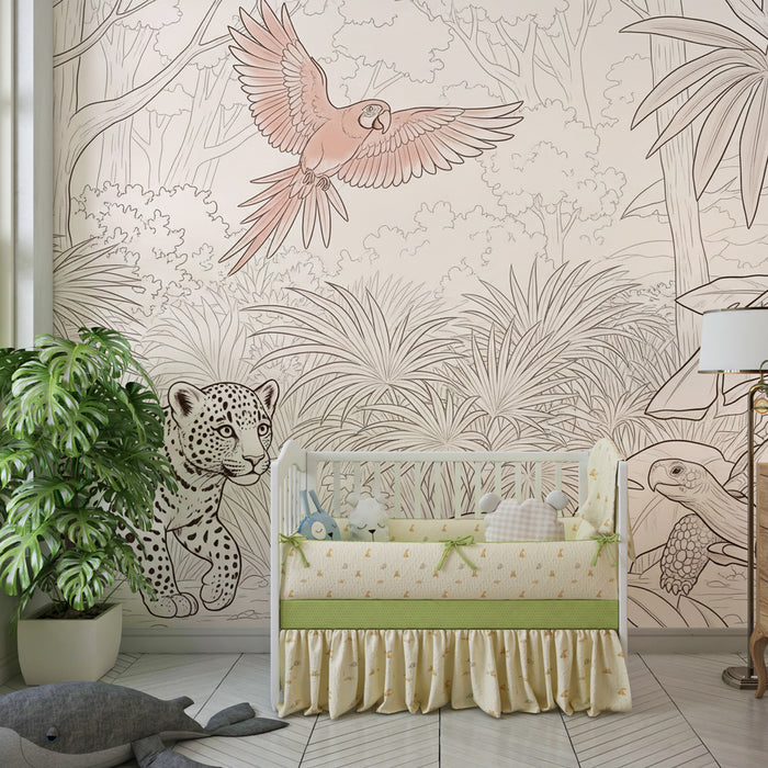 Kids room wallpaper | Seiklus džunglis leopardi, papagoi ja kilpkonnaga
