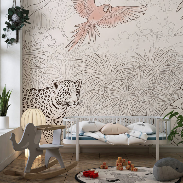 Kids room wallpaper | Seiklus džunglis leopardi, papagoi ja kilpkonnaga