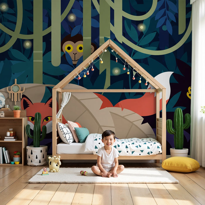 Papier peint chambre enfant | Aventure dans la jungle avec renard et léopard