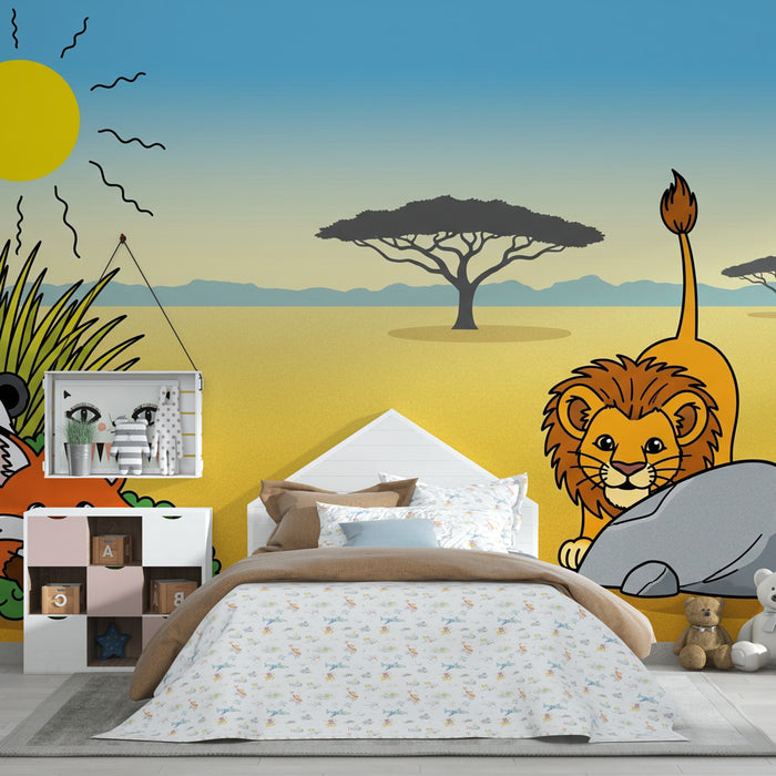 Kinderkamer behang | Avontuur in de savanne met kleurrijke dieren