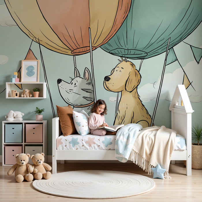 Kids room wallpaper | Adventure in the air with a dog and a cat
