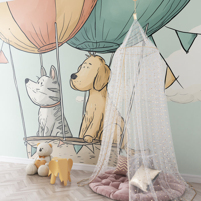 Kinderkamer behang | Avontuur in de lucht met een hond en een kat