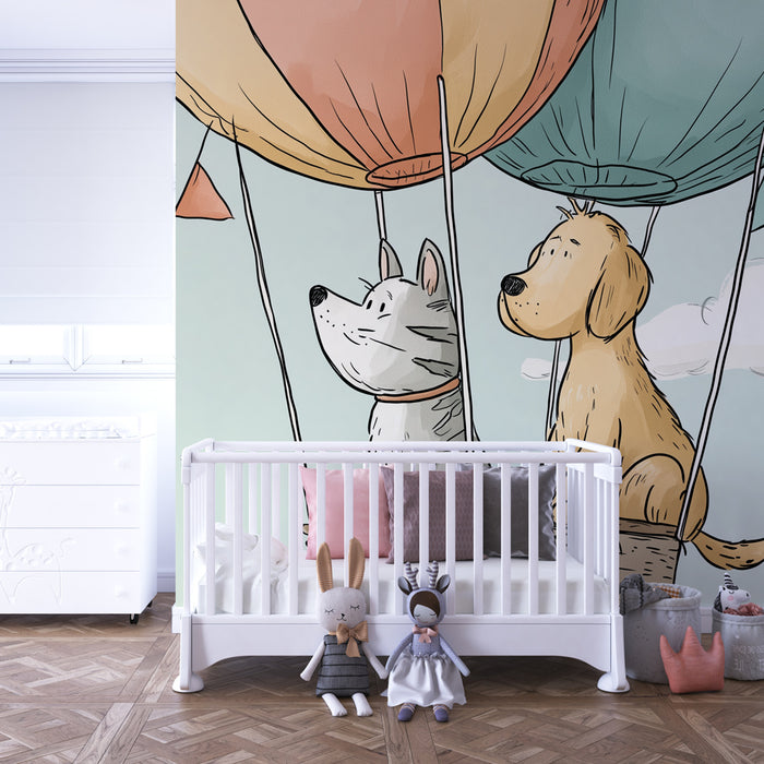 Kinderkamer behang | Avontuur in de lucht met een hond en een kat