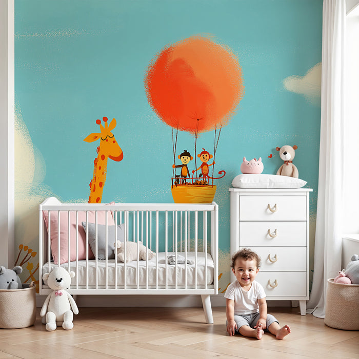 Papier peint chambre enfant | Aventure dans les cieux avec la girafe et les singes