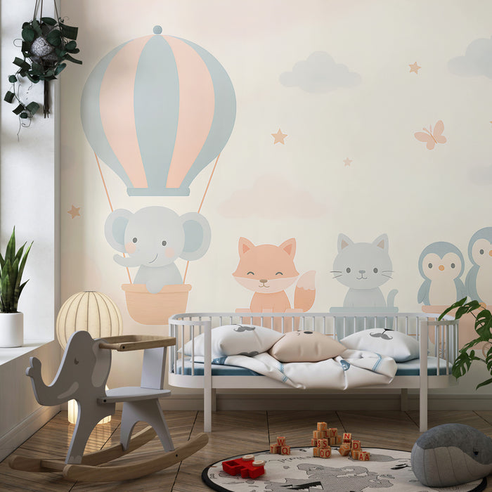 Kids room wallpaper | Adventure in the clouds with cute animals