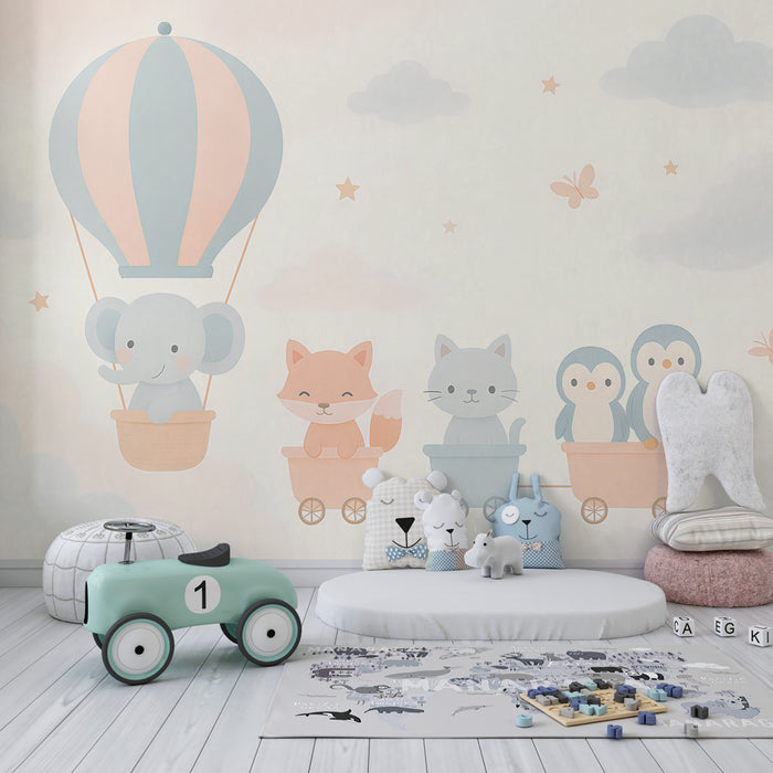 Kids room wallpaper | Adventure in the clouds with cute animals