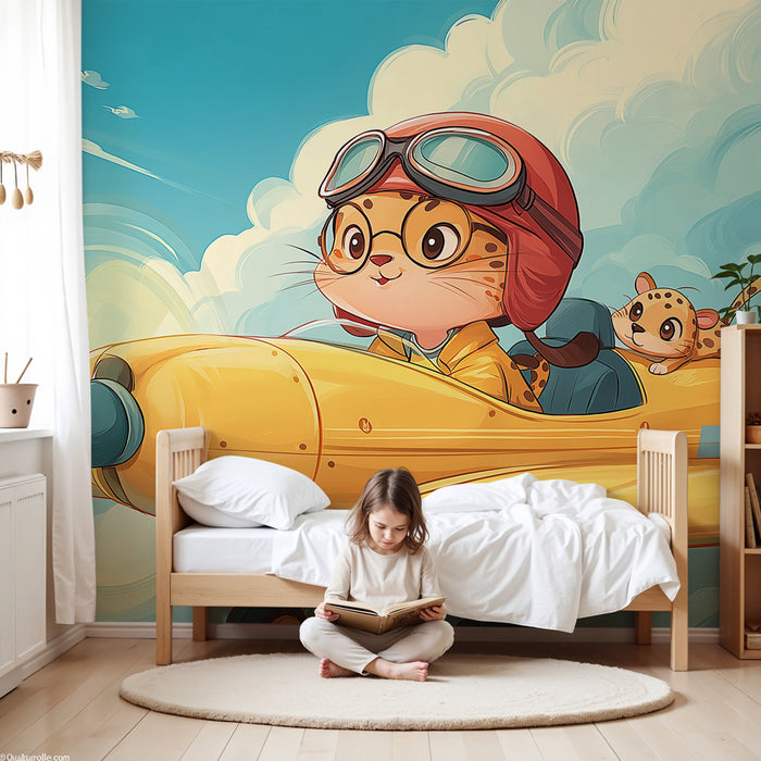 Papier de parede quarto criança | Aventura nas nuvens com um piloto felino