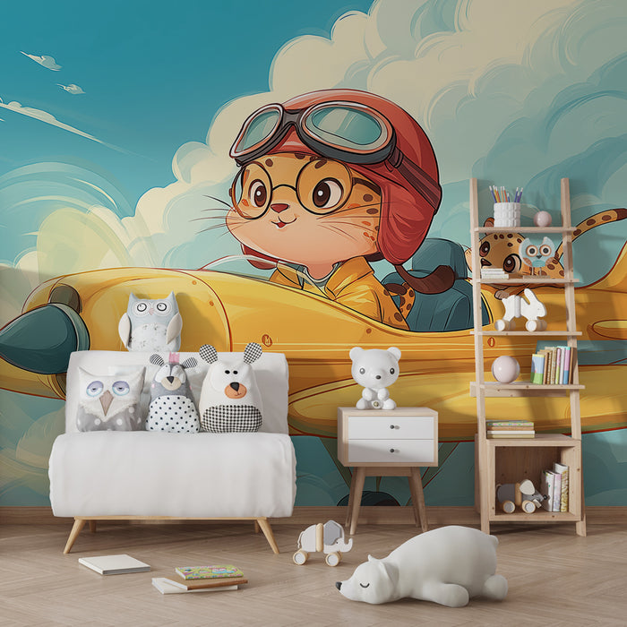 Papier peint chambre enfant | Aventure dans les nuages avec un pilote félin