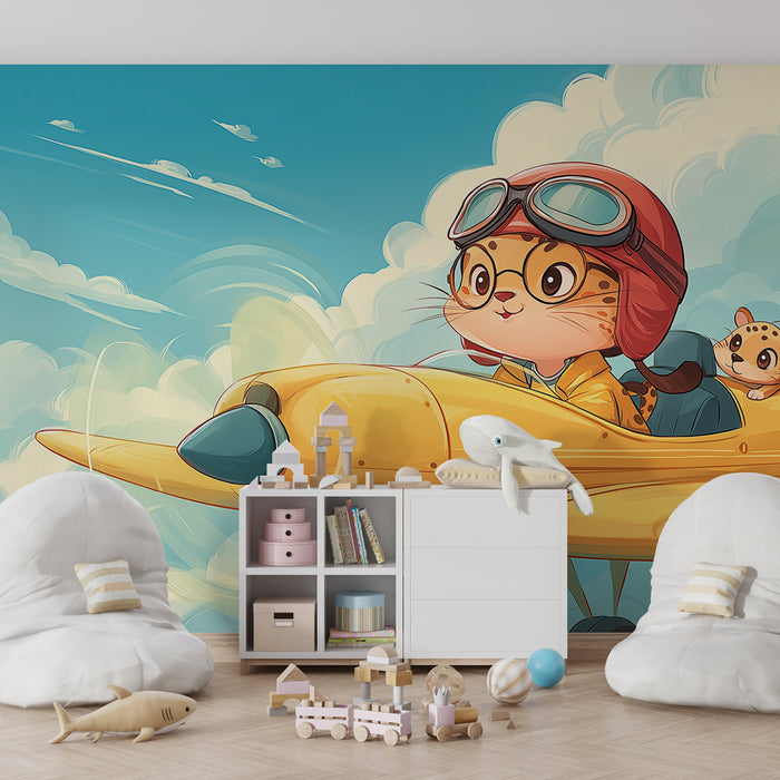 Papier peint chambre enfant | Aventure dans les nuages avec un pilote félin