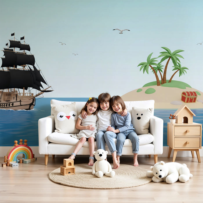 Kinderzimmer Tapete | Piratenabenteuer mit Boot und Schatzinsel