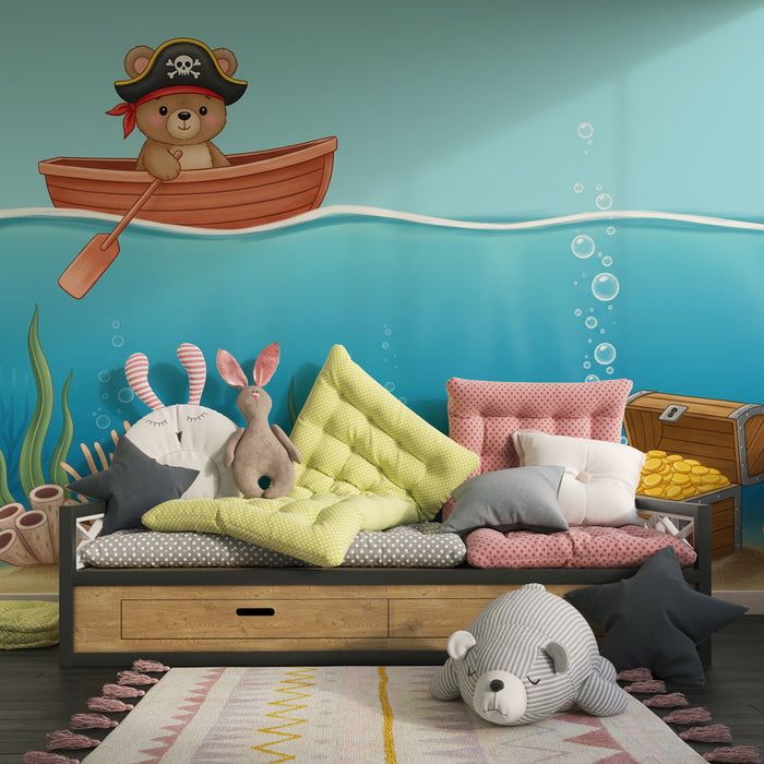 Papier peint chambre enfant | Aventure de pirate avec ours dans la mer