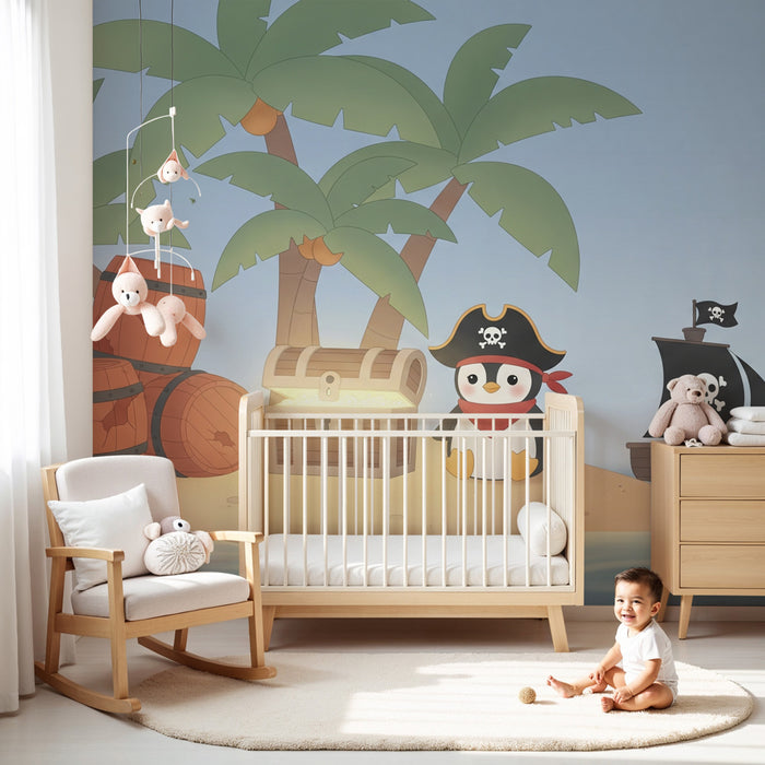 Papier peint chambre enfant | Aventure de pirate avec un pingouin