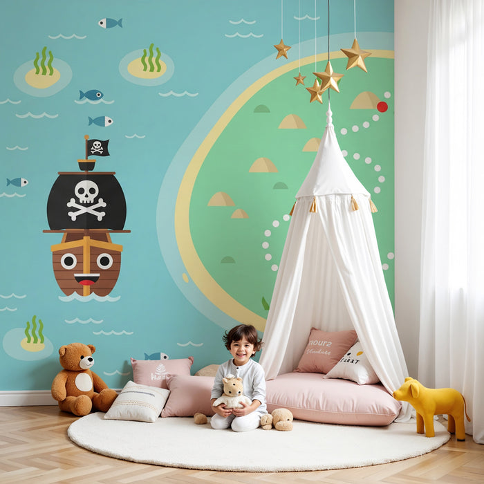 Papel pintado infantil | Aventura de piratas en un mapa del tesoro