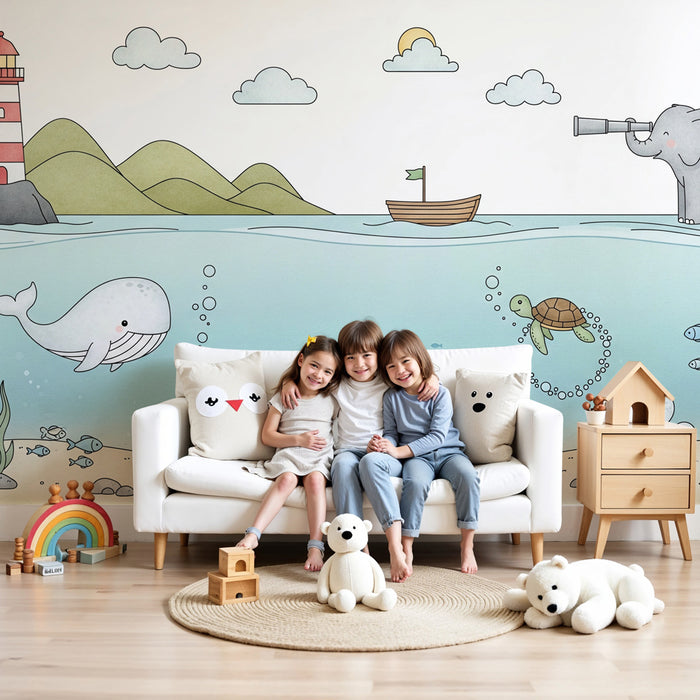 Papier peint chambre enfant | Aventure en mer avec des animaux marins