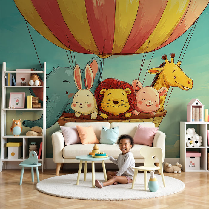 Papier peint chambre enfant | Aventure en montgolfière avec des animaux adorables