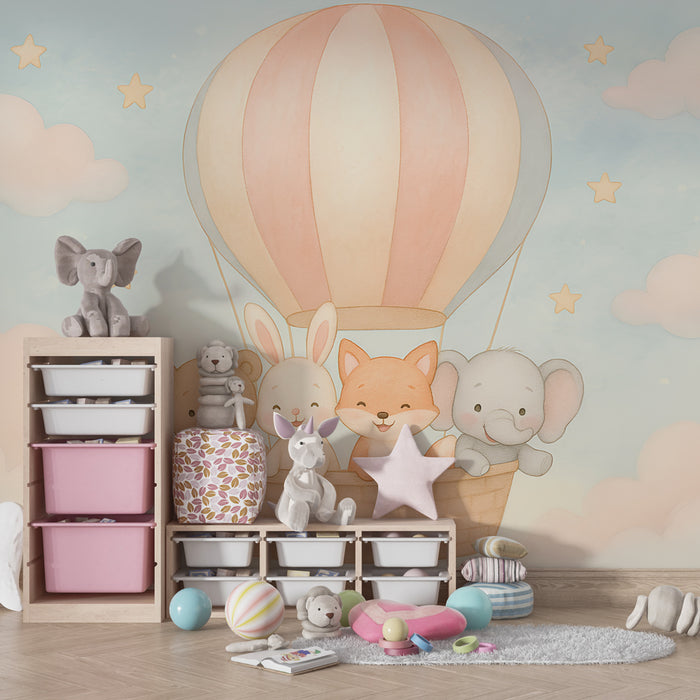 Gyerekszoba tapéta | Lufiballon kaland aranyos állatokkal