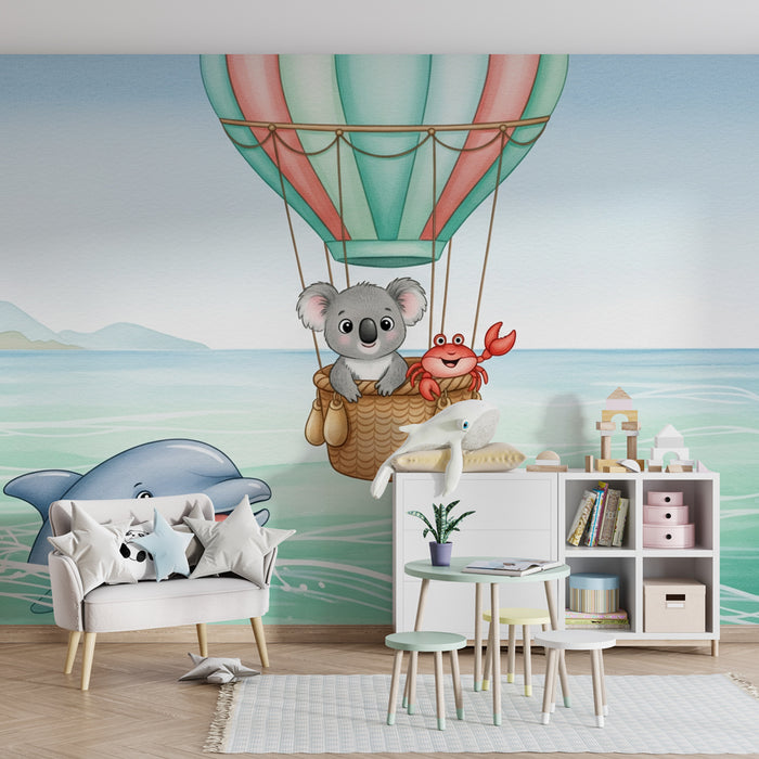 Papier peint chambre enfant | Aventure en montgolfière avec un koala et un crabe