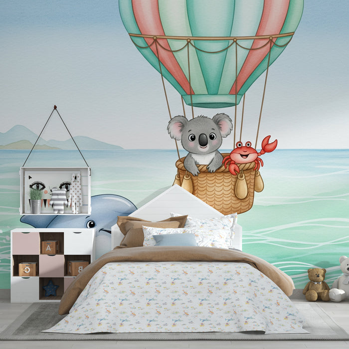Papier peint chambre enfant | Aventure en montgolfière avec un koala et un crabe