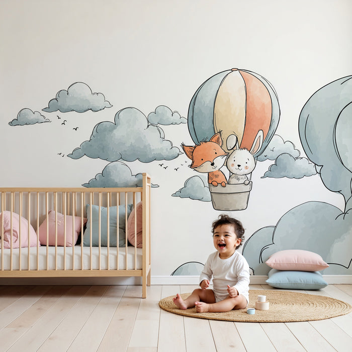 Kids room wallpaper | Hot air balloon adventure with a fox and a rabbit