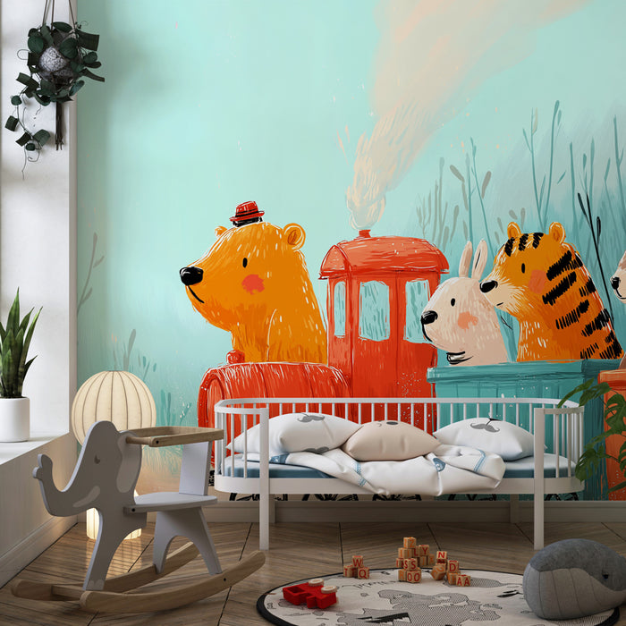 Papier peint chambre enfant | Aventure en train avec des animaux