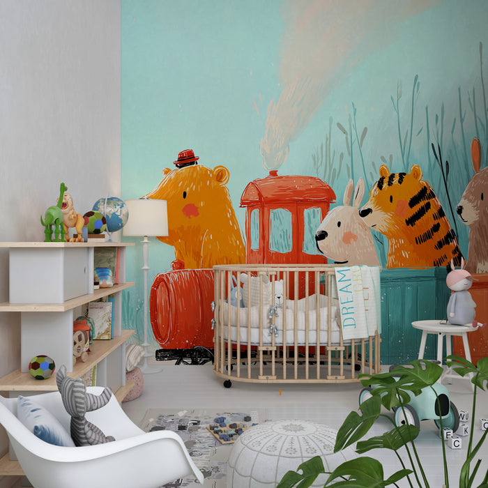 Papier peint chambre enfant | Aventure en train avec des animaux