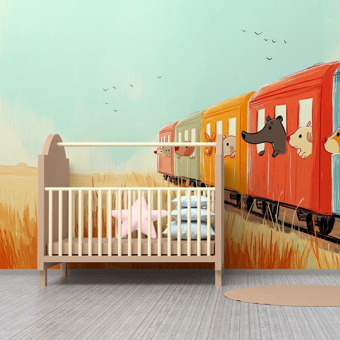 Kinderzimmer Tapete | Abenteuer mit niedlichen Tieren im Zug