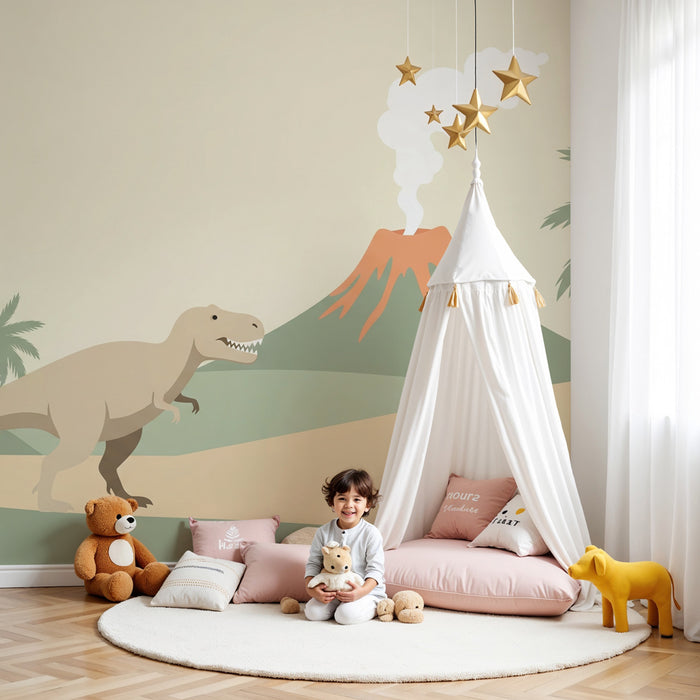 Papel pintado infantil | Aventura jurásica con un dinosaurio y un volcán
