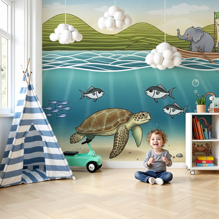 Kids room wallpaper | Marine adventure with elephant and turtle