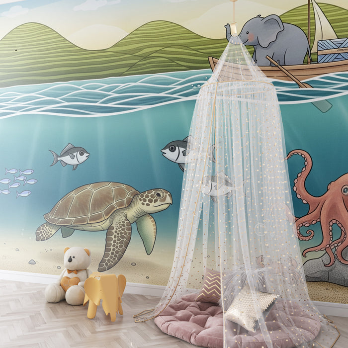 Carta da parati bambini | Avventura marina con elefante e tartaruga