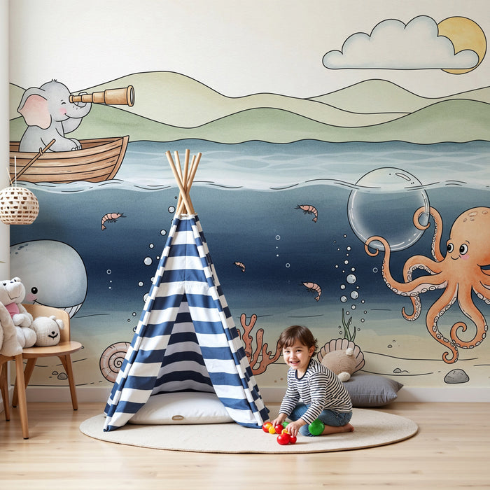 Papier peint chambre enfant | Aventure marine avec un éléphant et un pieuvre