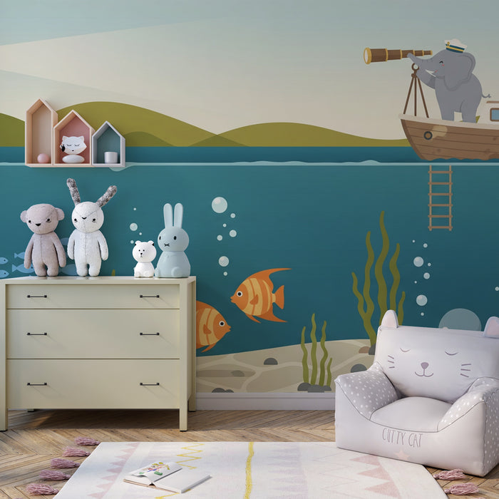 Papier peint chambre enfant | Aventure maritime avec un éléphant explorateur
