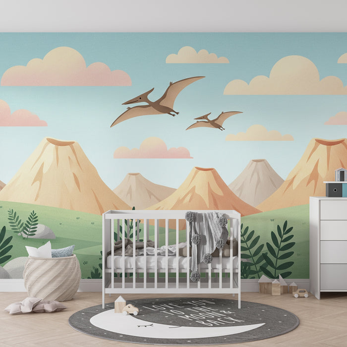 Papier peint chambre enfant | Aventure préhistorique avec des pterosaurs