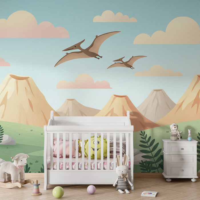 Papier peint chambre enfant | Aventure préhistorique avec des pterosaurs