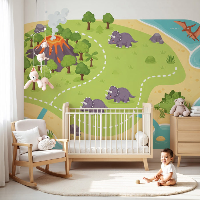 Papel pintado infantil | Aventura prehistórica en una isla con dinosaurios