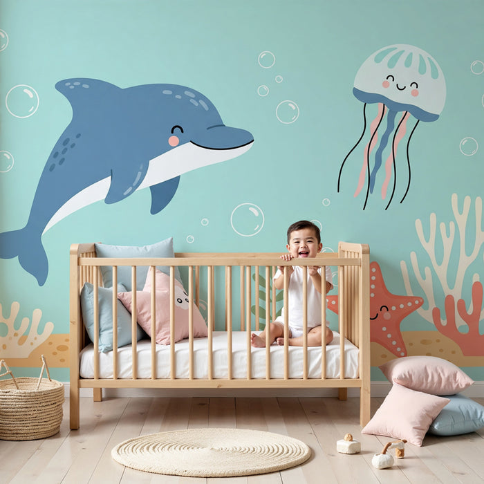 Papel de parede criança | Aventura submarina com golfinhos e criaturas marinhas