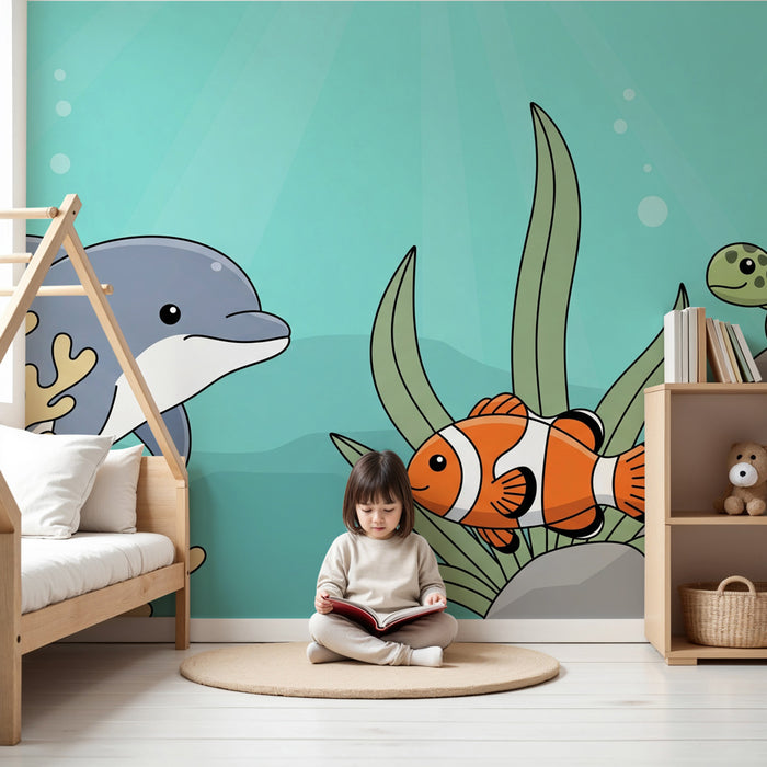 Papier peint chambre enfant | Aventure sous-marine avec dauphins et poissons clowns