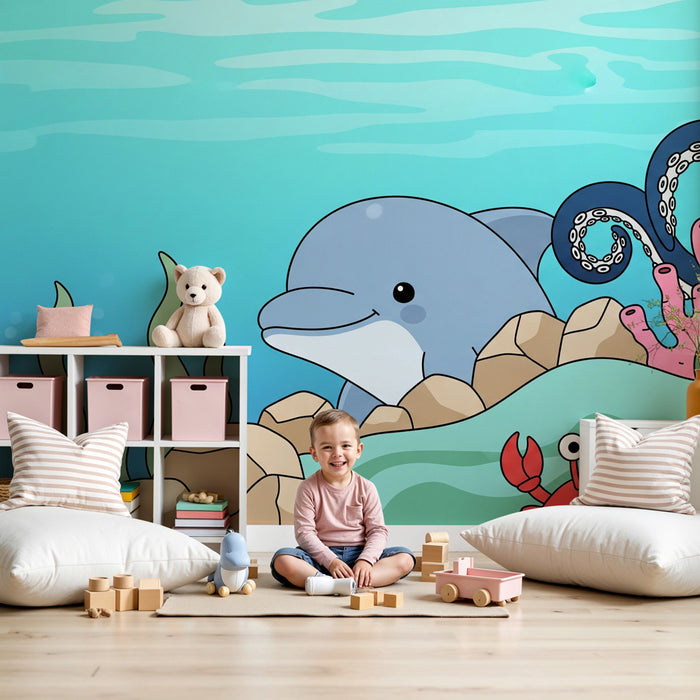 Carta da parati bambini | Avventura sottomarina con animali marini