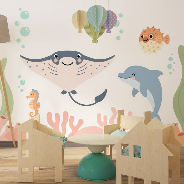 Kinderzimmer Tapete | Unterwasserabenteuer mit lustigen Meereskreaturen