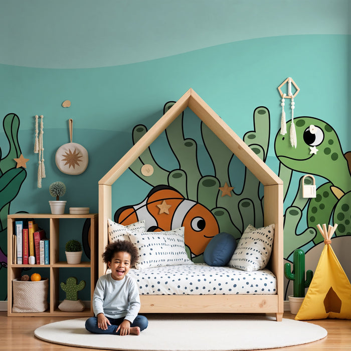 Papel pintado infantil | Aventura submarina con peces y tortuga
