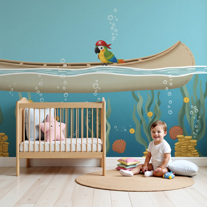 Papier peint chambre enfant | Aventure sous-marine avec un perroquet pirate