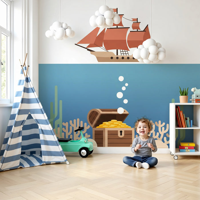 Kids room wallpaper | Underwater adventure and pirate treasures