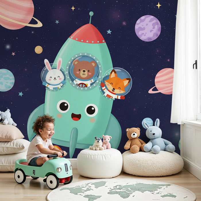 Papel pintado infantil | Aventura espacial con lindos animales