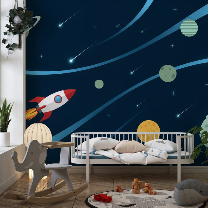 Børneværelse tapet | Rumeventyr med rumraket og astronaut