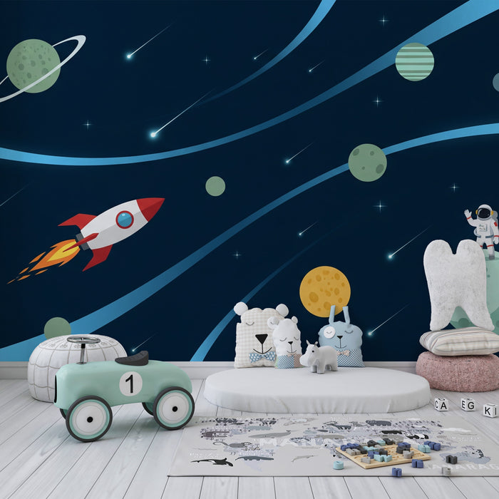 Børneværelse tapet | Rumeventyr med rumraket og astronaut